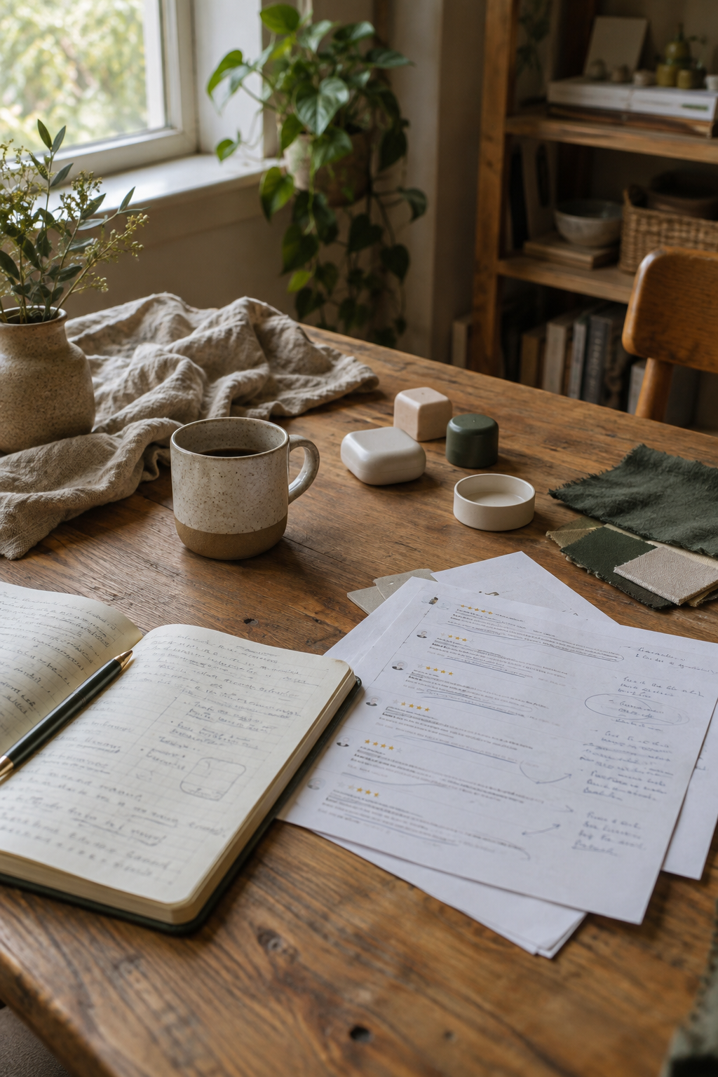 Candid workspace with notebooks and printed reviews